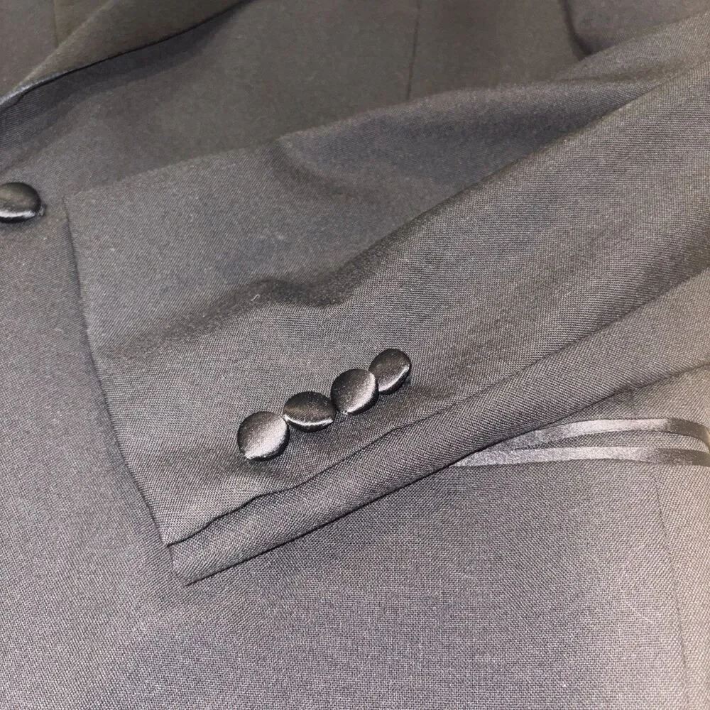 Jos. A. Bank 44L 36x30 Black 100% Wool Worn 1x 2Pc Tuxedo Mens Jacket Pants Suit